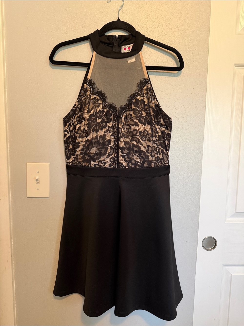 Three Hearts Black Lace Dress with Nude Mesh Yoke
